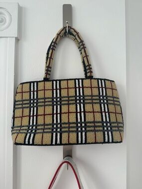 Plaid Beaded Purse in Beige, Black & Red